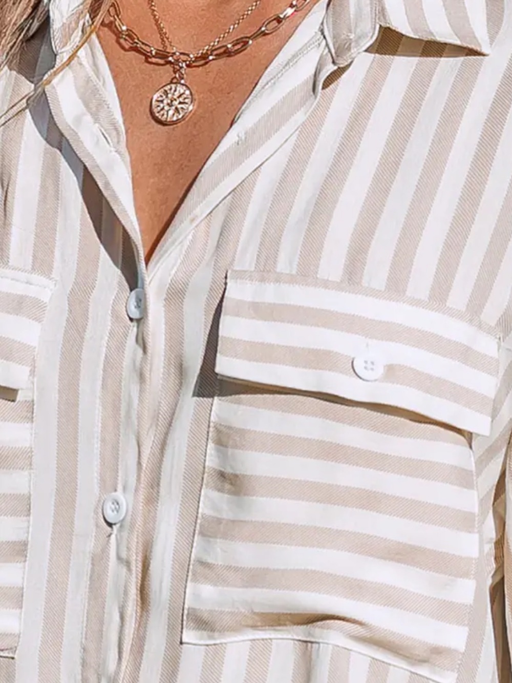 beachlunchlounge Beige and White Striped Button-Up Pocket Blouse